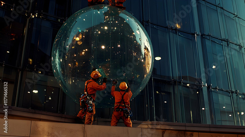 Wallpaper Mural Workers installing a large transparent sphere on a modern building. Torontodigital.ca