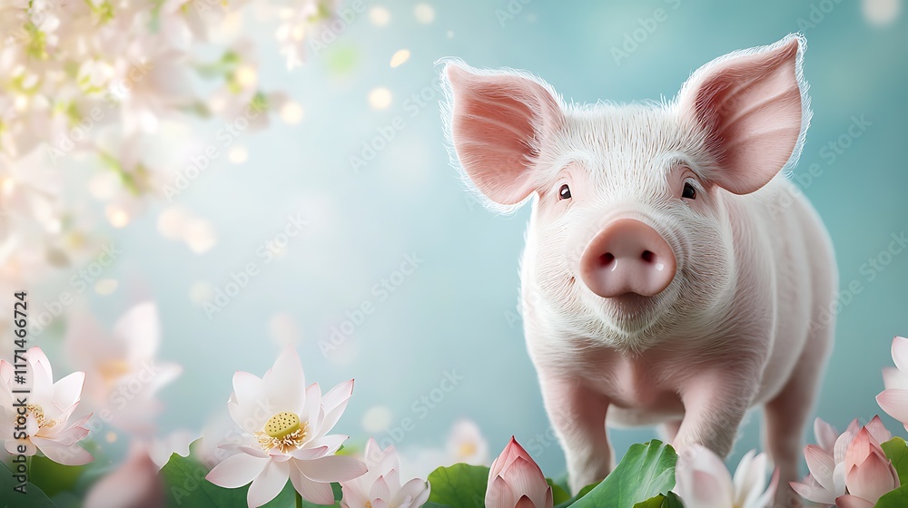 A playful and adorable piglet standing amidst a lush garden of glowing vibrant lotus flowers The pig s pink skin and innocent expression create a charming and whimsical scene in this natural A playful and adorable piglet standing amidst a lush garden of glowing vibrant lotus flowers The pig s pink skin and innocent expression create a charming and whimsical scene in this natural