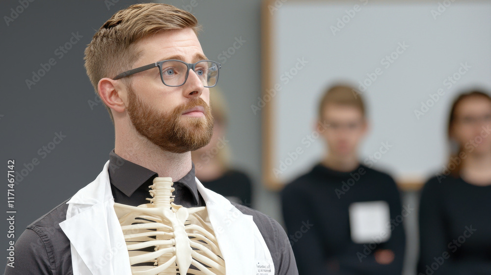 Medical demonstration with male instructor wearing skeleton model, engaging students in classroom setting Medical demonstration with male instructor wearing skeleton model, engaging students in classroom setting