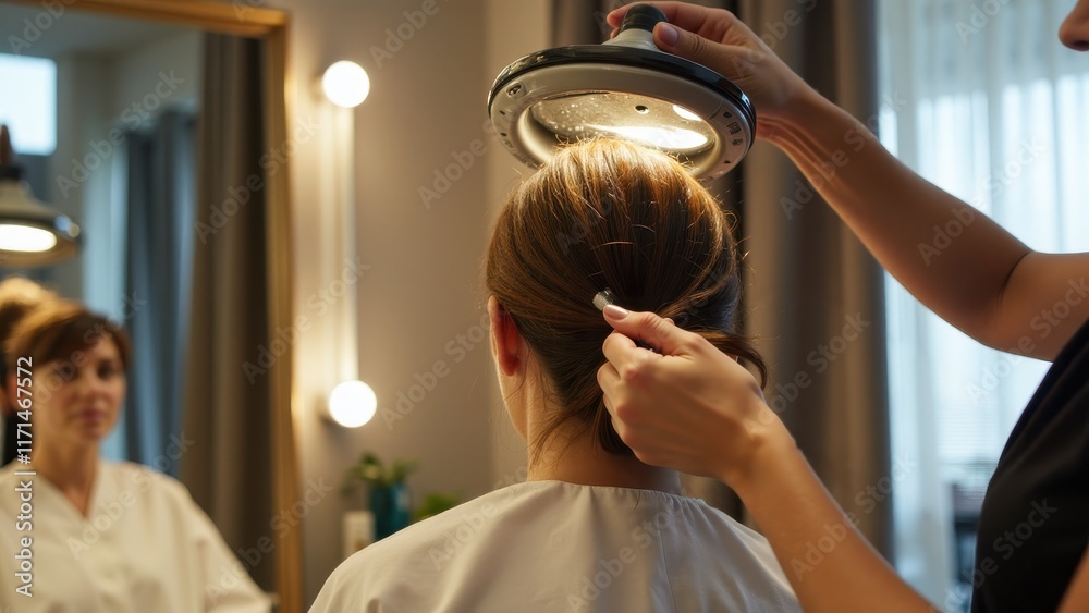A stylist applying a nourishing hair treatment, with the client sitting comfortably under a steamer A stylist applying a nourishing hair treatment, with the client sitting comfortably under a steamer