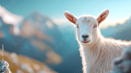 Captivating close up portrait of a fluffy white goat standing in a serene vibrant mountain landscape with lush green grass blue skies and a glowing natural light  The goat s soft photo