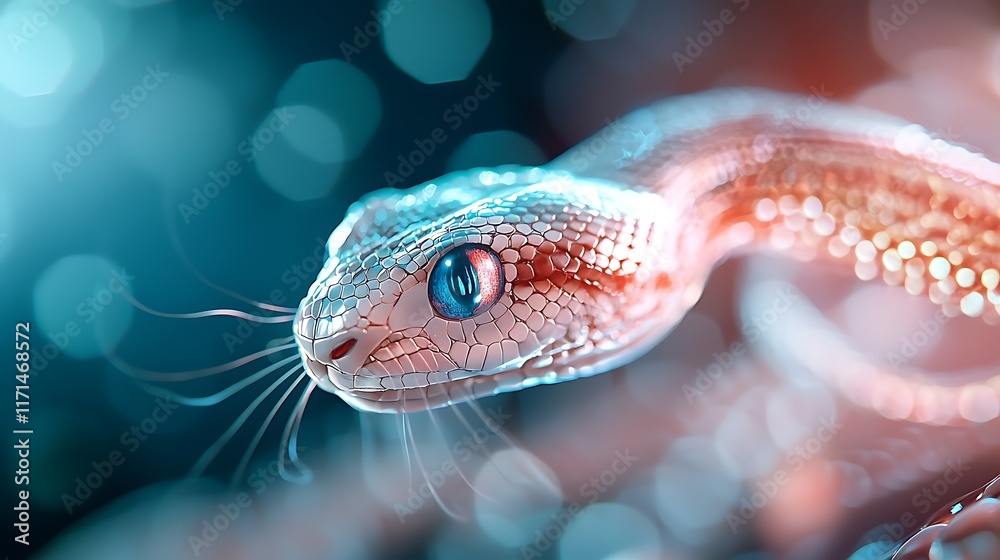 Captivating digital artwork depicting a holographic pairing of a snake and rabbit creature in a luminous surreal fantasy realm showcasing a seamless and imaginative dual creature design