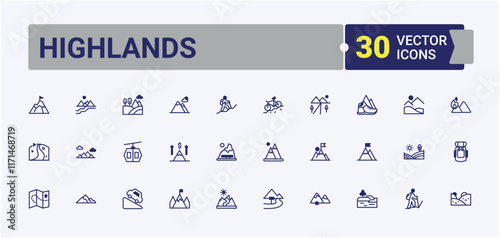 Highlands minimal icon set. Icons shape, landscape, tour, mountain, peak, silhouette, travel and more. Thin linear style icons. Editable vector icon and illustration.