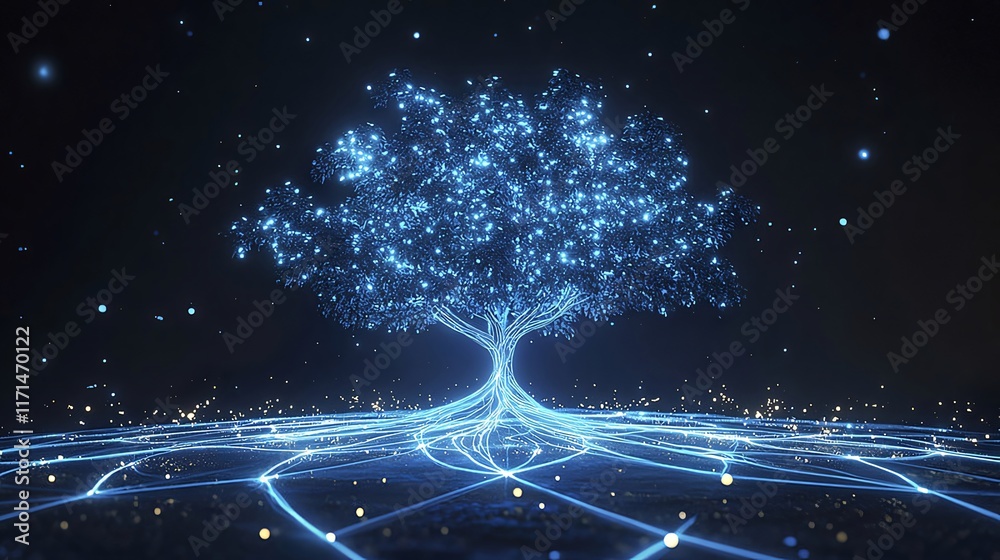Glowing digital tree with network roots. Glowing digital tree with network roots.