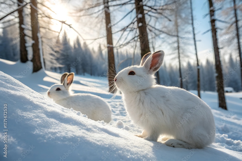 Two White Rabbits in Snowy Forest