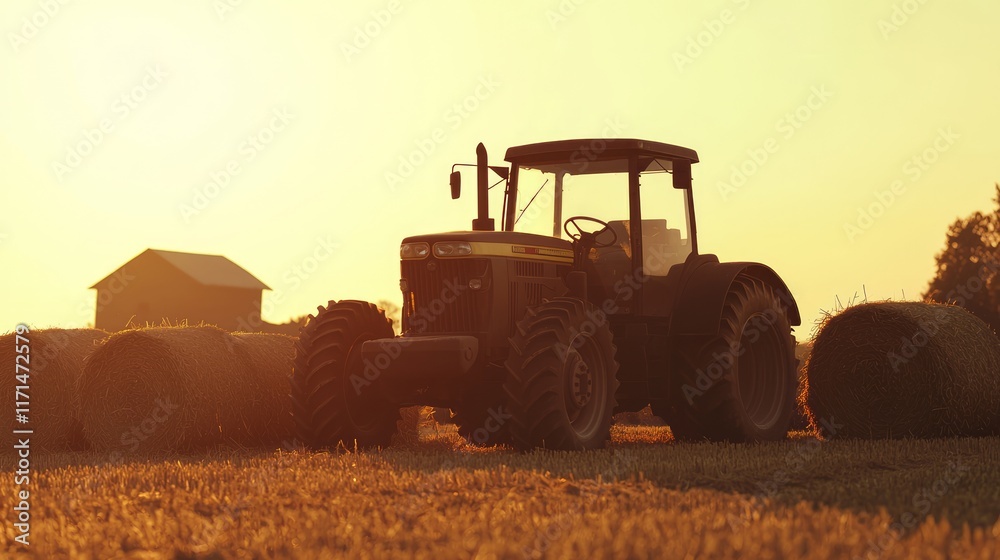 Fototapeta premium Rustic Charm: Vintage Tractor by Hay Bales with Barn Silhouette - Cinematic Ultra-Detailed Image