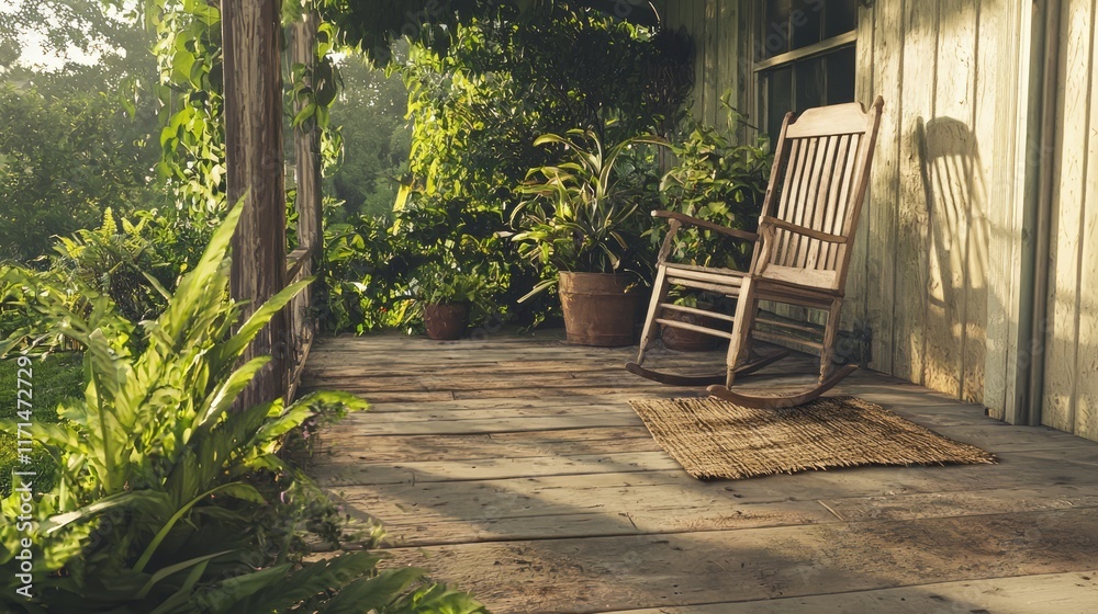Cozy Rustic Farmhouse Porch Retreat: Wooden Rocking Chair, Potted Herbs, Weathered Doormat in Cinematic Setting Cozy Rustic Farmhouse Porch Retreat: Wooden Rocking Chair, Potted Herbs, Weathered Doormat in Cinematic Setting