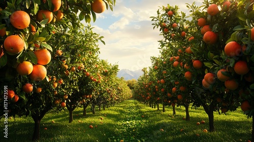 Vibrant orange orchard under a sunny sky. photo