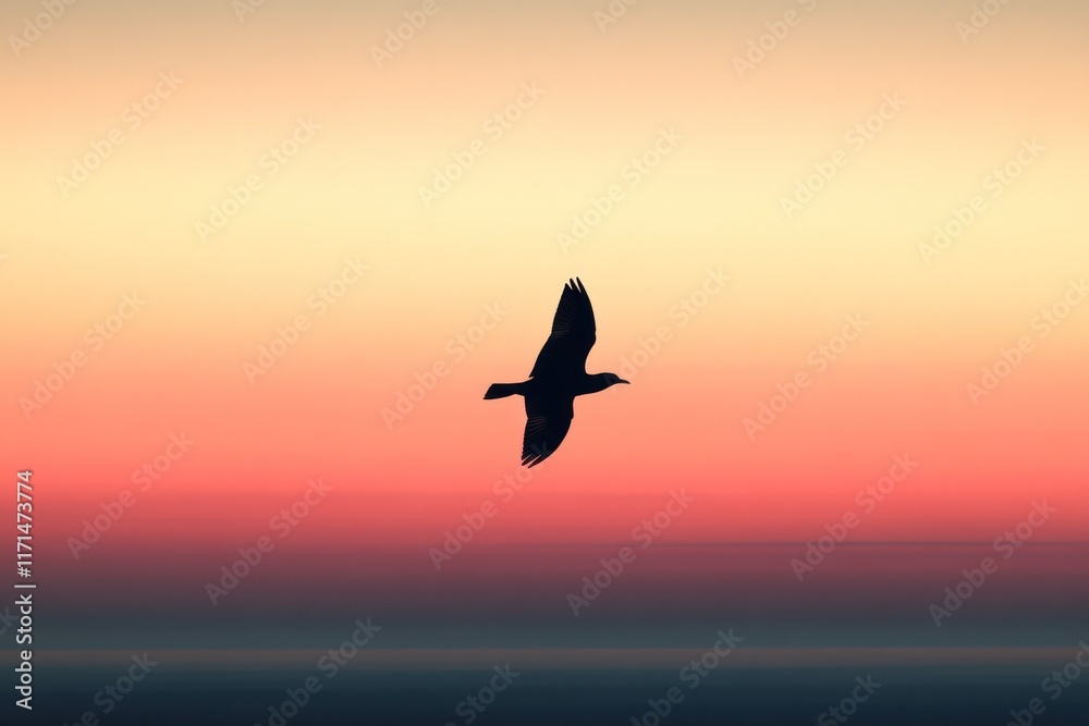 Fototapeta premium Bird gliding across a gradient sky at sunset over the horizon. Generative AI