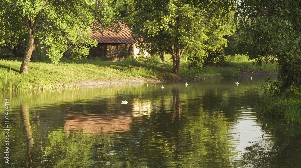 Serene Reflections: Man-Made Pond with Geese Gliding Past Barn's Red Roof - Cinematic Scenery Serene Reflections: Man-Made Pond with Geese Gliding Past Barn's Red Roof - Cinematic Scenery