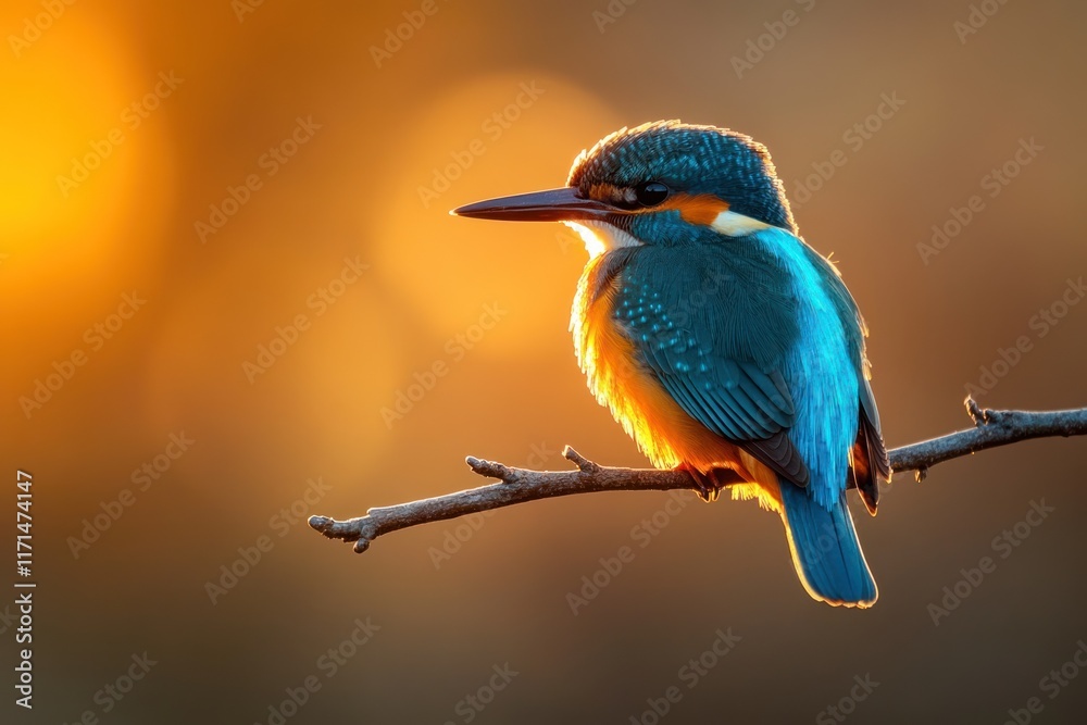 Brightly colored kingfisher perched on a branch at sunset near a tranquil body of water. Generative AI Brightly colored kingfisher perched on a branch at sunset near a tranquil body of water. Generative AI