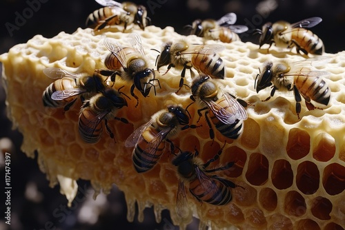 Busy bees gather honey on a honeycomb in a sunlit beehive during summer. Generative AI photo