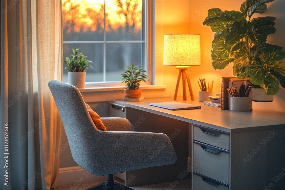 Fototapeta premium Cozy home office with warm lighting and plants at sunset in a serene setting. Generative AI