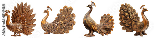 Set of a sculpted wooden peacock isolated on transparent background
