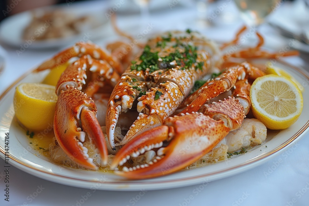 Gourmet Seafood Platter with Lobster and Lemon Slices on Elegant Dining Table Gourmet Seafood Platter with Lobster and Lemon Slices on Elegant Dining Table