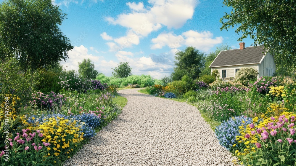 Obraz premium Rustic Handpainted Farmhouse Sign Among Wildflowers by Gravel Driveway Cinematic Scene