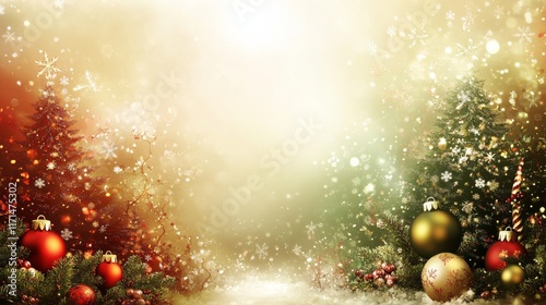 Christmas background. Featuring reds, greens, and golds with Christmas trees, ornaments, and lights. Representing holiday cheer, family, and celebration. Ideal for Christmas promotions and cards photo