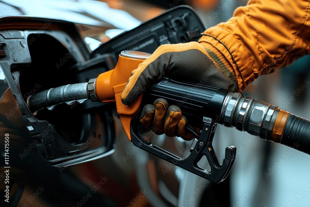 Fueling a vehicle at a gas station with an orange nozzle in hand during daylight hours. Generative AI Fueling a vehicle at a gas station with an orange nozzle in hand during daylight hours. Generative AI