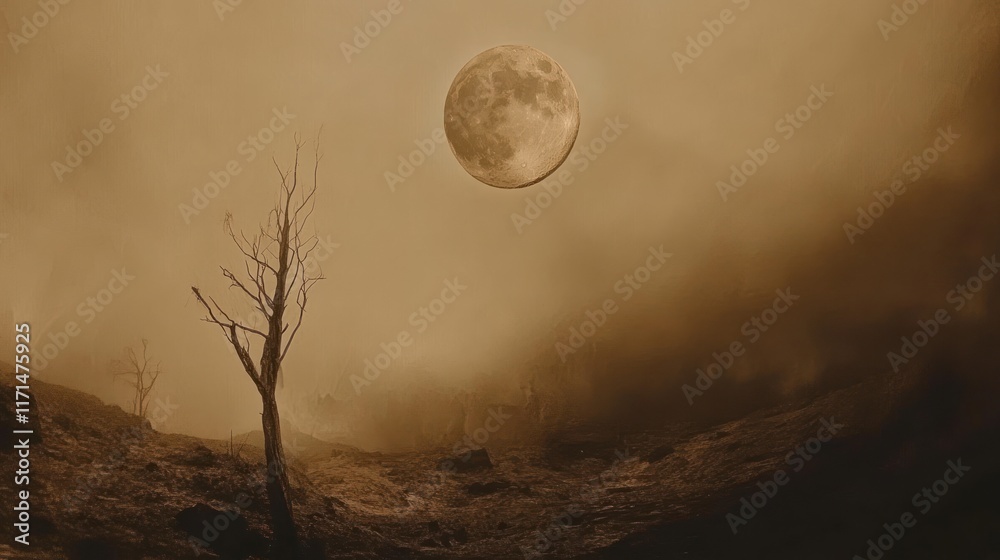 Fototapeta premium Full moon over foggy landscape with dead tree.