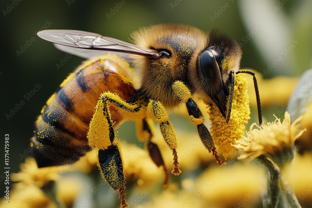 Close-up of a honeybee collecting pollen from vibrant yellow flowers in a lush garden setting. Generative AI Close-up of a honeybee collecting pollen from vibrant yellow flowers in a lush garden setting. Generative AI