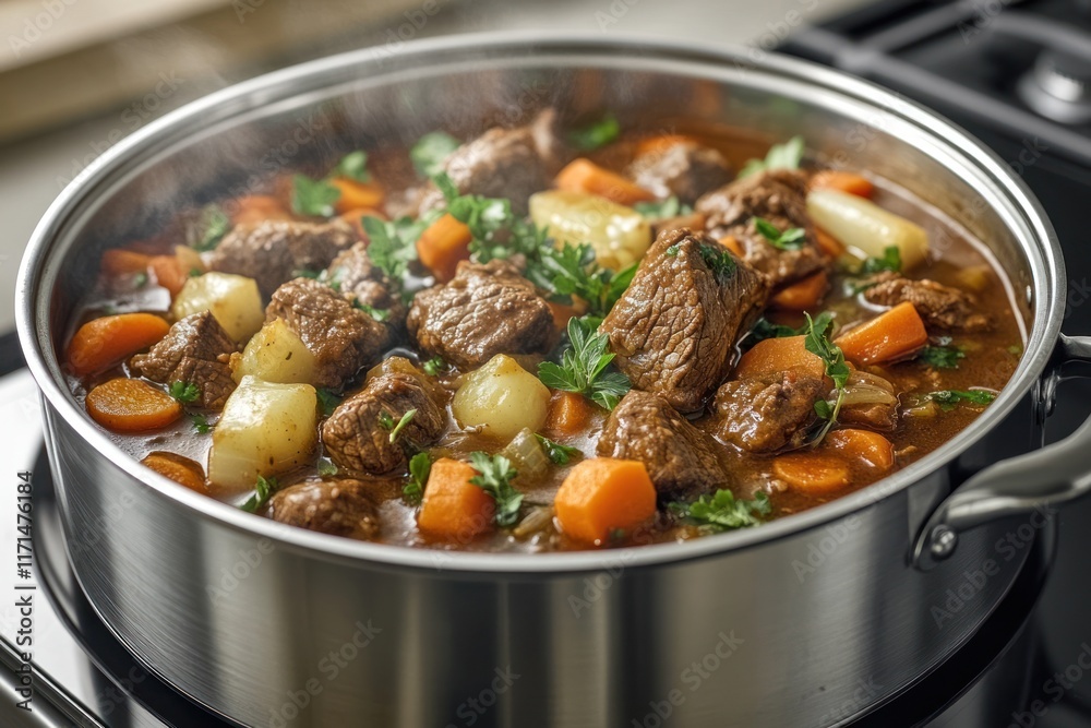 Delicious beef stew simmering with fresh vegetables in a silver pot on the stove. Generative AI Delicious beef stew simmering with fresh vegetables in a silver pot on the stove. Generative AI