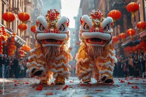 Celebration of traditional lion dance during festival in vibrant street filled with red lanterns photo