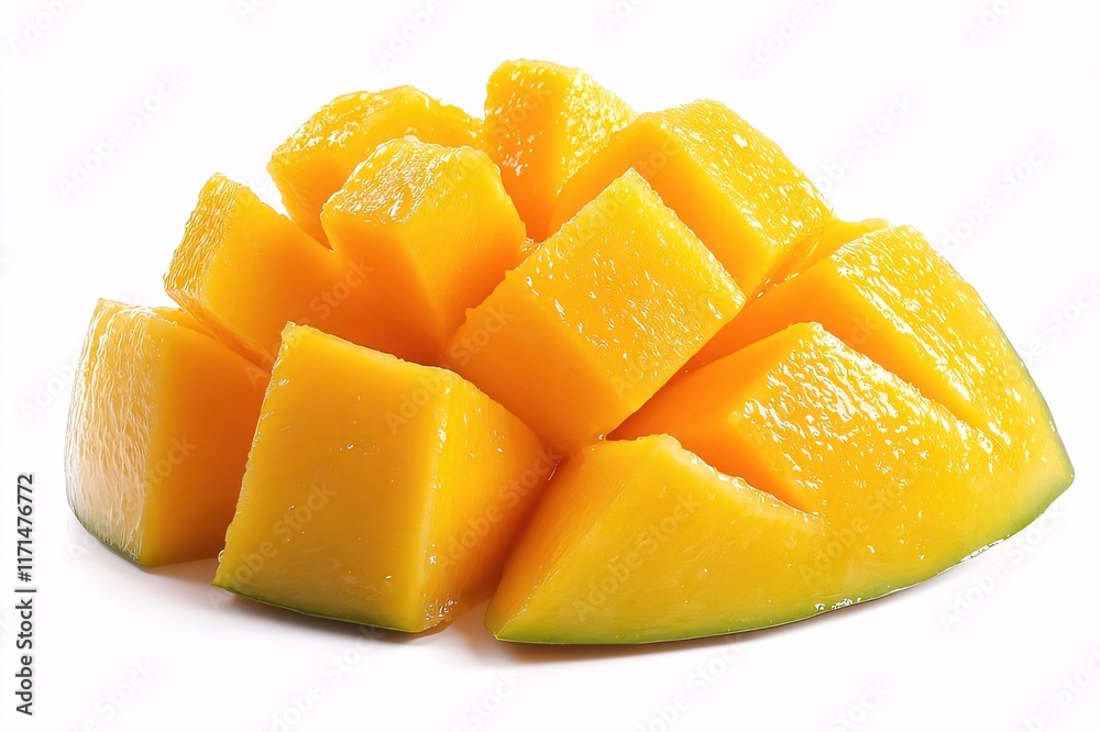 Close-up of diced ripe mango fruit isolated on white background. Close-up of diced ripe mango fruit isolated on white background.