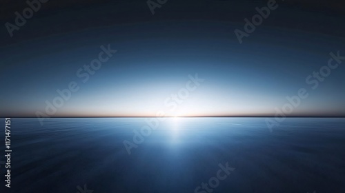 Serene sunrise over calm ocean, reflecting light.