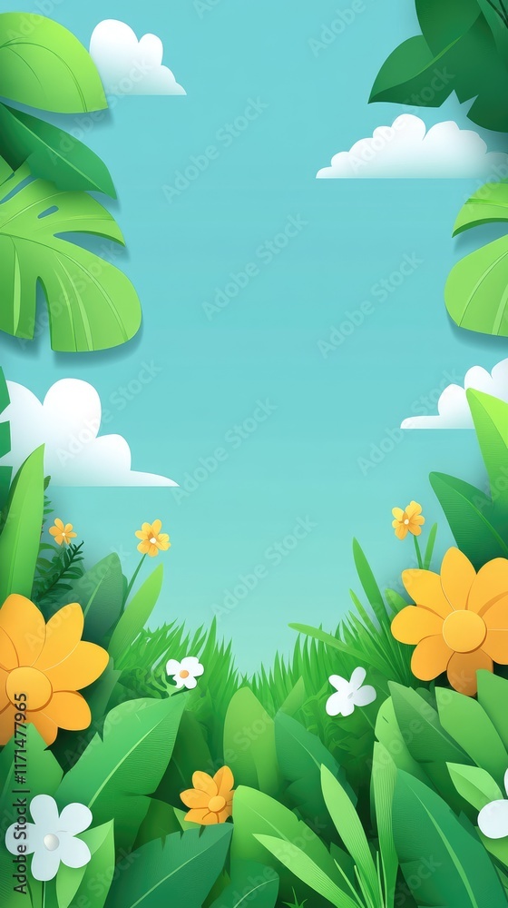 Obraz premium Vibrant Spring Floral Border with Tropical Leaves and Blue Sky Background