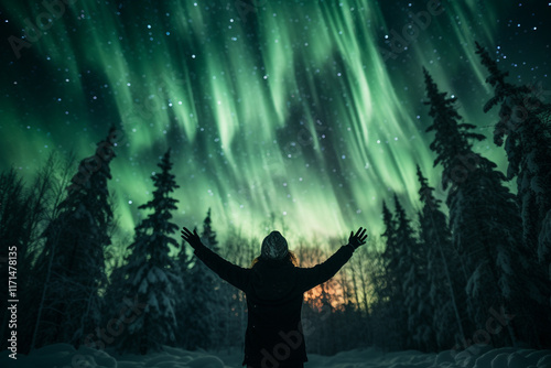 ethereal dance of Aurora Borealis a mesmerizing spectacle born from harmonious interplay of celestial forces where solar wind's embrace of Earth's magnetosphere intertwines with alchemy of atmospheric photo