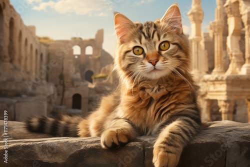 Portrait of a happy laperm cat isolated in backdrop of ancient ruins photo