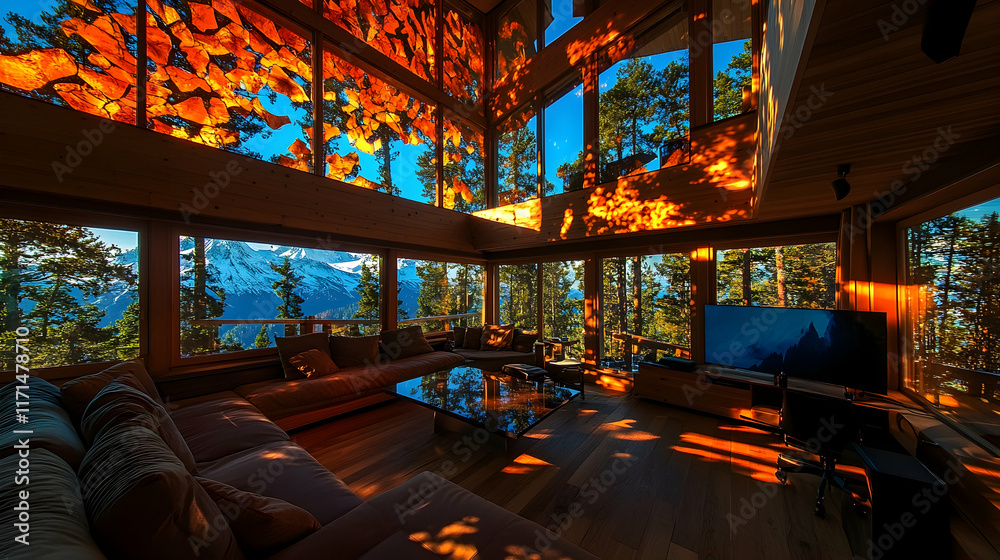 Sunlit modern mountain home interior with panoramic views. Sunlit modern mountain home interior with panoramic views.
