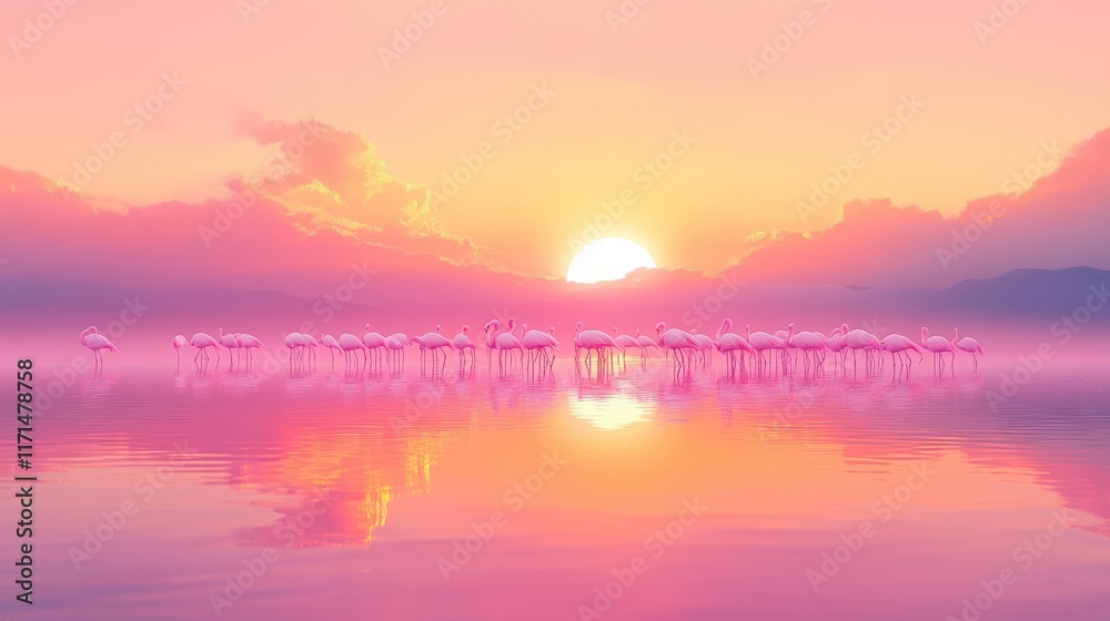 Fototapeta premium Pink Flamingos at Sunset Over Calm Water