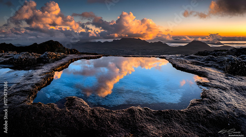 Sunrise reflection in mountaintop puddle.