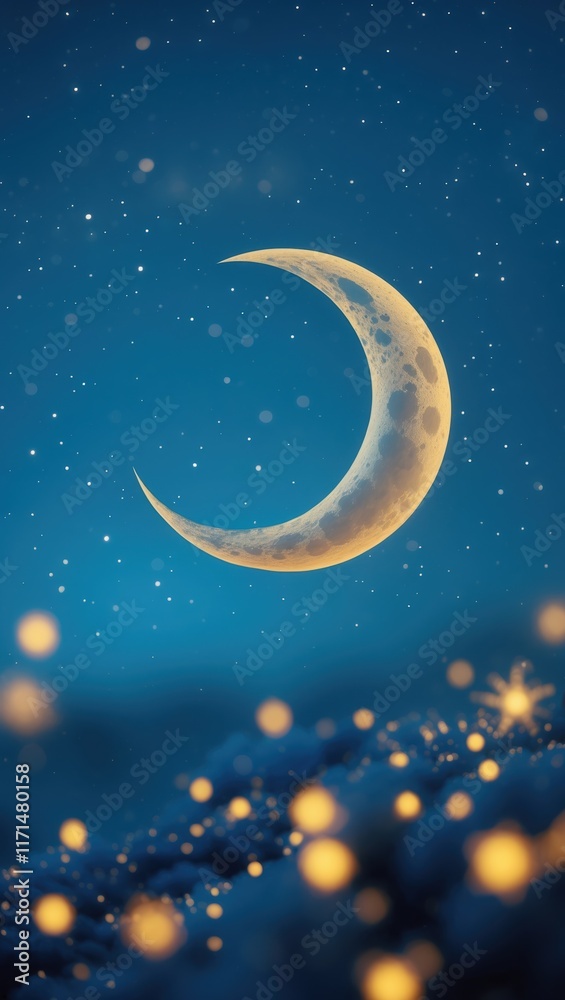 Naklejka premium Dreamy Crescent Moon and Stars in a Serene Setting