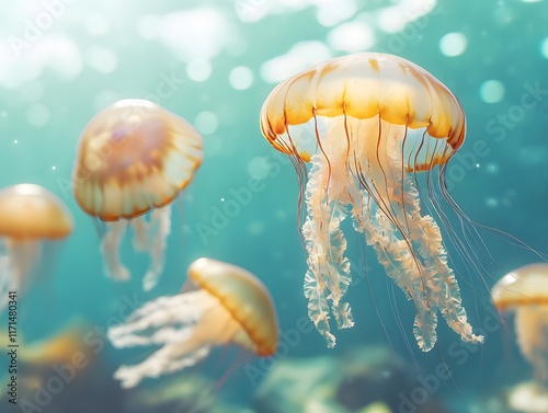 A group of jellyfish floating through the ocean