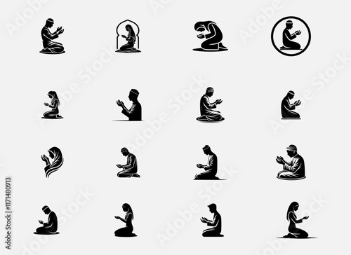 "Black Silhouette Vector of Islamic Prayers, Linecut Style with a Modern Handmade Look"