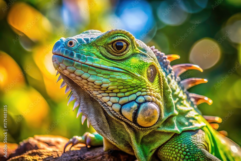 Fototapeta premium Adorable green iguana, a cute reptile showcased in stunning wildlife photography.