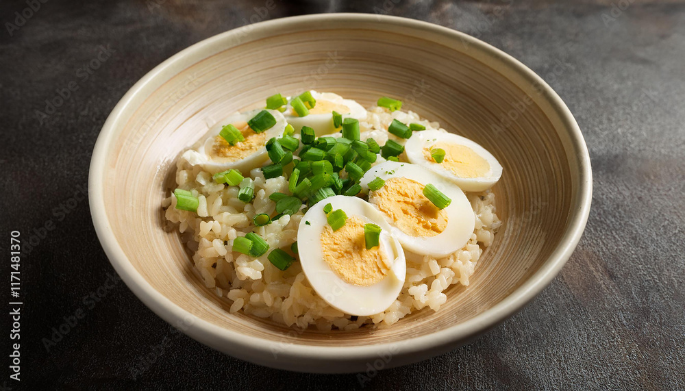 Savory rice with sliced boiled eggs and chopped green onions in bowl. Tasty dish. Delicious food. Savory rice with sliced boiled eggs and chopped green onions in bowl. Tasty dish. Delicious food.