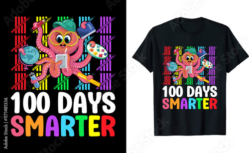 Octopus 100 Days Smarter Graphic T-shirt Design For Kids