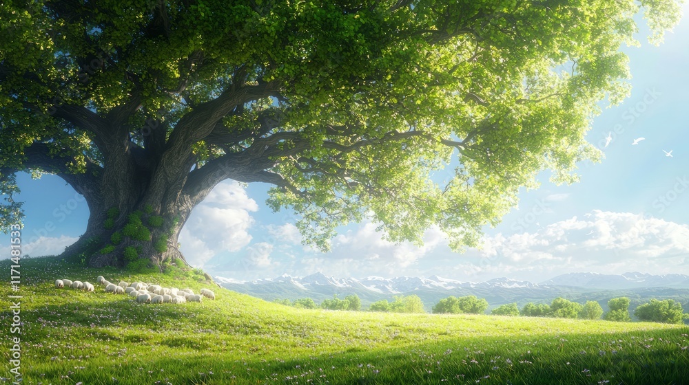 Fototapeta premium Idyllic Scene of Sheep Grazing Under Majestic Elm Tree in Sunlit Meadow - Ultra-Detailed Pastoral Landscape
