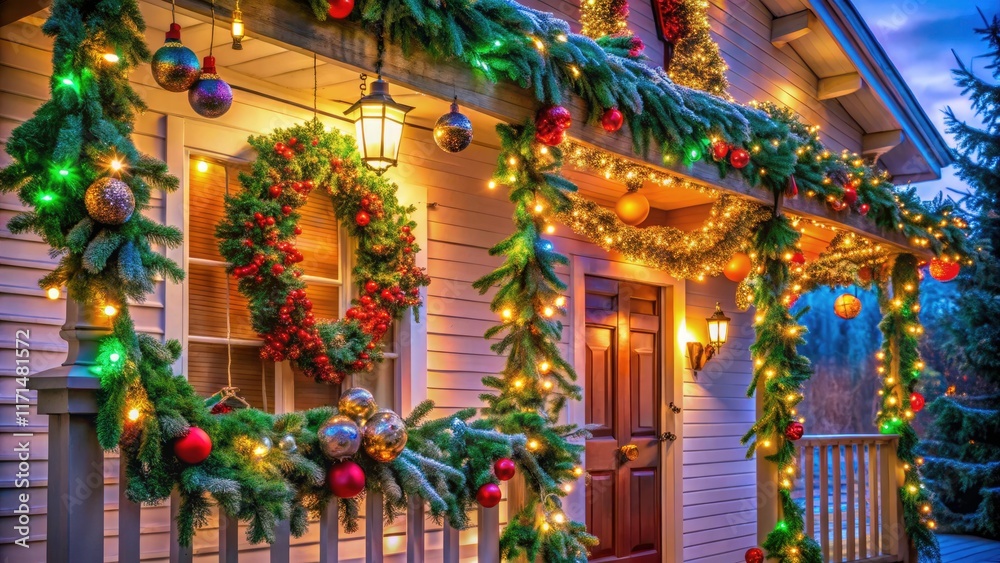 Fototapeta premium Aerial view of a charming Christmas porch, adorned with a twig garland and playful toys.