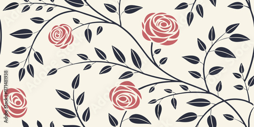 Delicate black vines and leaves intertwined across a light background, punctuated by soft pink roses. The pattern is elegant and symmetrical, offering a sense of harmony and balance.AI