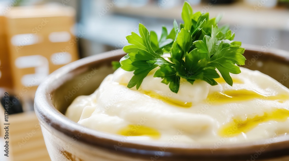 A creamy dish topped with fresh parsley and drizzled with olive oil, served in a rustic bowl, showcasing a delicious culinary creation. A creamy dish topped with fresh parsley and drizzled with olive oil, served in a rustic bowl, showcasing a delicious culinary creation.