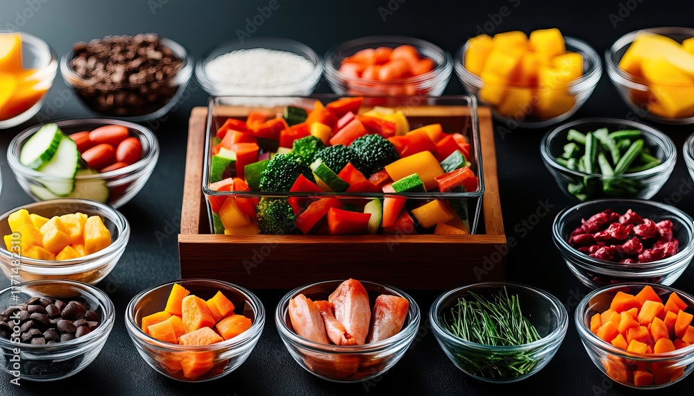 A vibrant display of fresh vegetables and fruits in glass bowls, highlighting a colorful and healthy arrangement ideal for meal preparation. A vibrant display of fresh vegetables and fruits in glass bowls, highlighting a colorful and healthy arrangement ideal for meal preparation.
