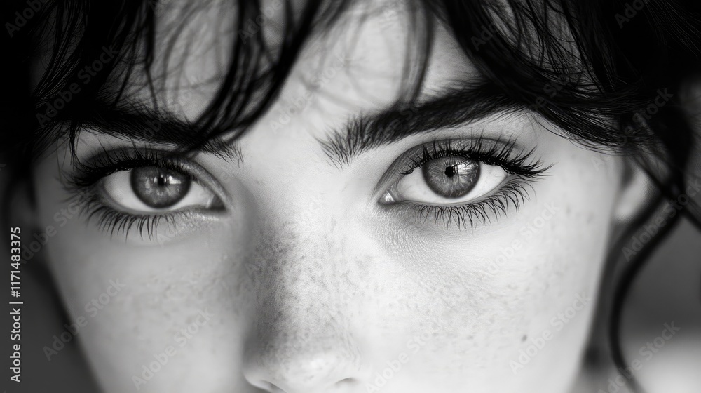Obraz premium Intense Black and White Portrait of Freckled Woman with Captivating Eyes