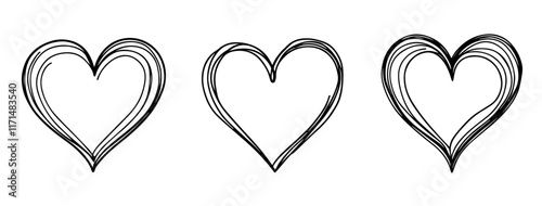 Set of black hand-drawn heart isolated on a white or transparent background, vector illustration.