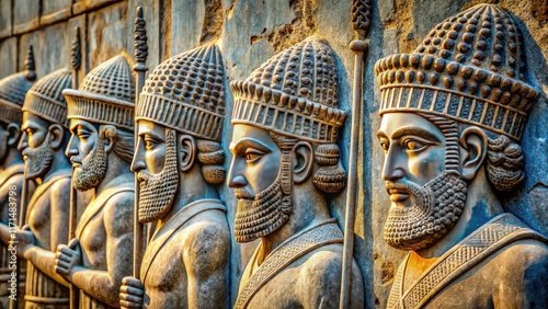 Ancient Persian warriors, immortalized in stunning high-resolution photographs of Persepolis's Darius Palace bas-reliefs.