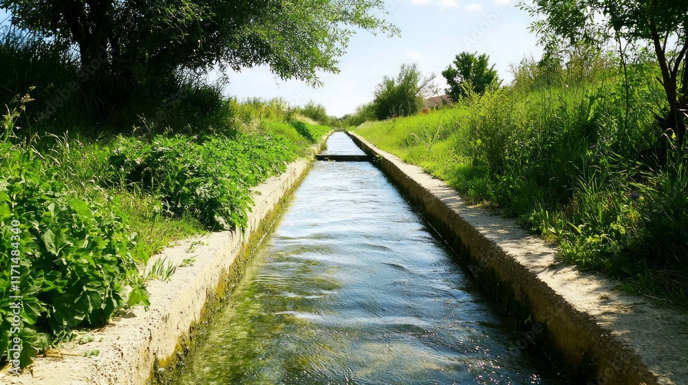 Obraz premium Tranquil Water Flow in Lush Irrigation Canals under a Vivid Sky - Ultra-Detailed Cinematic Scene of Greenery and Waterways