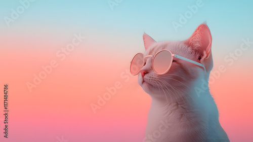 
portrait of a cat with Headphones, symmetrical, sunglasses, vibing, illustration, adobe illustrator, aesthetic with copy space for business poster 